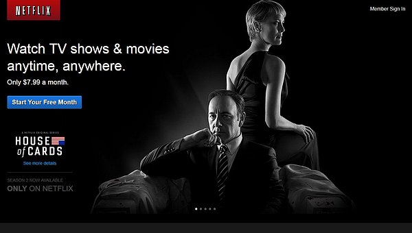 Jedna z úvodních stránek, kterou může vidět návštěvník, který na Netflixu není zaregistrován.
