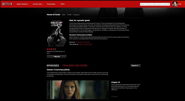Domovská stránka seriálu House of Cards na Netflixu.