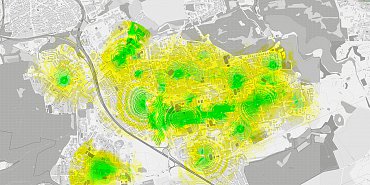 Pokrytí Praha11.Net k půlce ledna 2016. Zelená znamená velmi dobrý signál, u žluté mohou nastat obtíže.