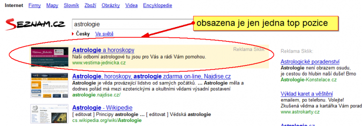 Obr. 3 – Příklad situace, kdy Sklik obsadil jen jednu top pozici.