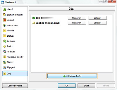 Jabber klient - přidání účtu