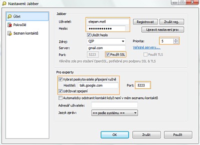 Jabber klient - nastavení účtu