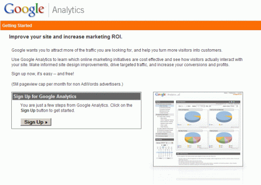Google Analytics - obrazovka sign up