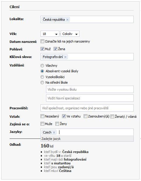 Screenshot nastavení cílení na Facebooku Cílení na Facebooku