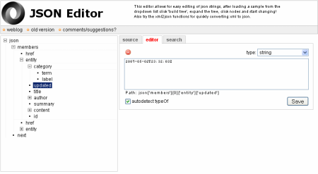 Screenshot webové aplikace JSON Editor JSON Editor