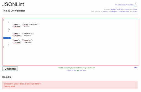 Screenshot webové aplikace JSON Lint JSON Lint