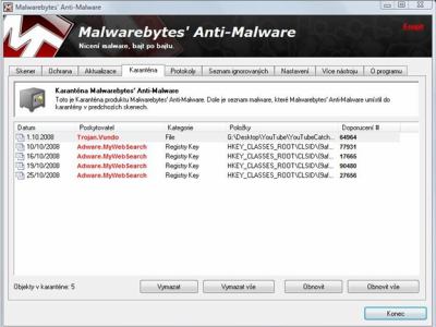 Malwarebytes Anti-Malware - karanténa Malwarebytes Anti-Malware - karanténa