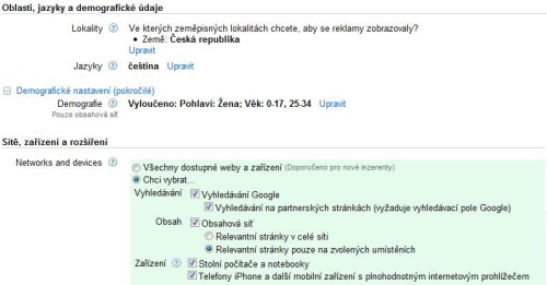 Screenshot nastavení cílení na Adwords Cílení na AdWords