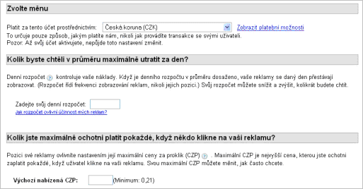 Určení měny, rozpočtu a maximální ceny za klik