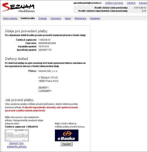 Údaje pro platbu bankovním převodem Sklik - Údaje pro platbu bankovním převodem