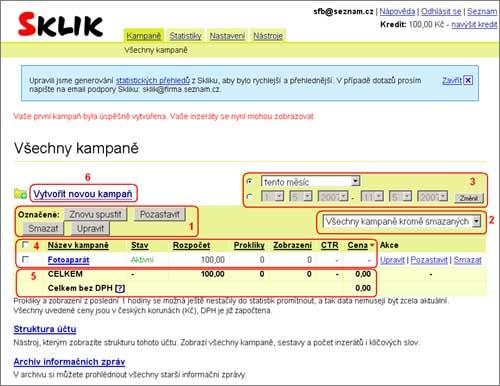 Sklik - přehled kampaní