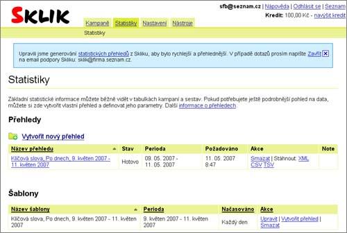 Přehled statistik Sklik - přehled statistik