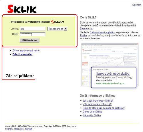 Přihlašovací stránka do Skliku Sklik - Přihlášení do Skliku