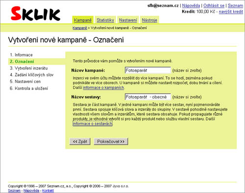 Sklik - založení reklamy - označení