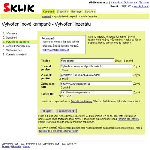 Sklik - založení reklamy - vytvoření inzerátu
