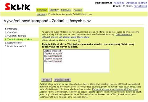 Sklik - založení reklamy - zadání klíčových slov