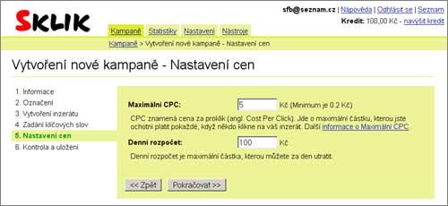Sklik - založení reklamy - Nastavení cen
