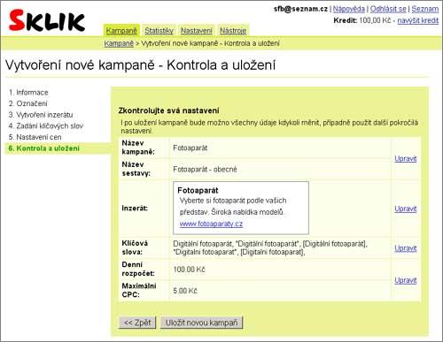Sklik - založení reklamy - kontrola a uložení