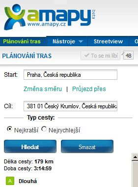 Amapy.cz: Trasa Praha - Český Krumlov