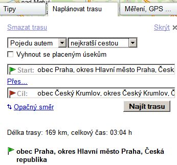 Google maps: Trasa Praha - Český Krumlov