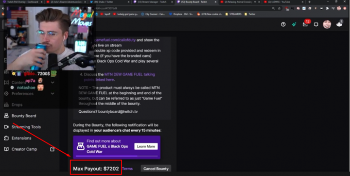 Ludwik nechtěně odhalil "twitch bounty" kde dostal 7202$ za napití energetického nápoje