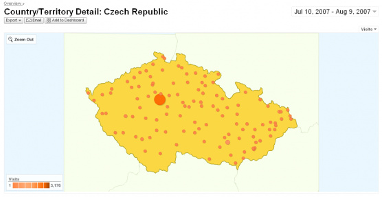 Google analytics obsahuje mapu Ceske republiky