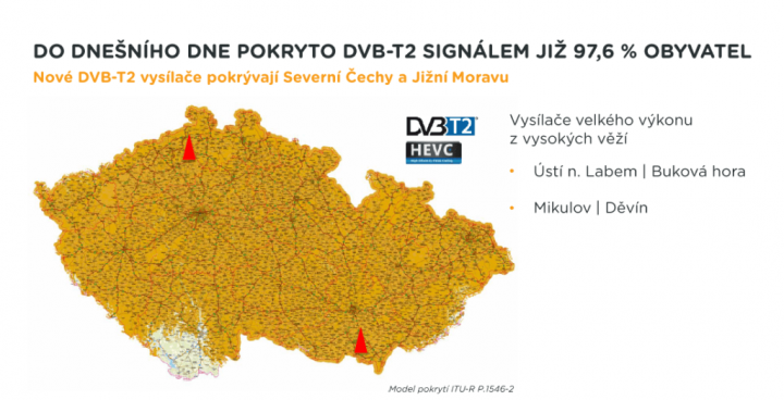 Pokrytí DVB-T2 od ČRa v lednu 2018