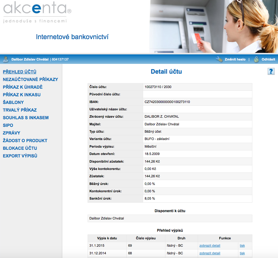 Akcenta, spořitelní družstvo. Internetové bankovnictví. 25.02.2015