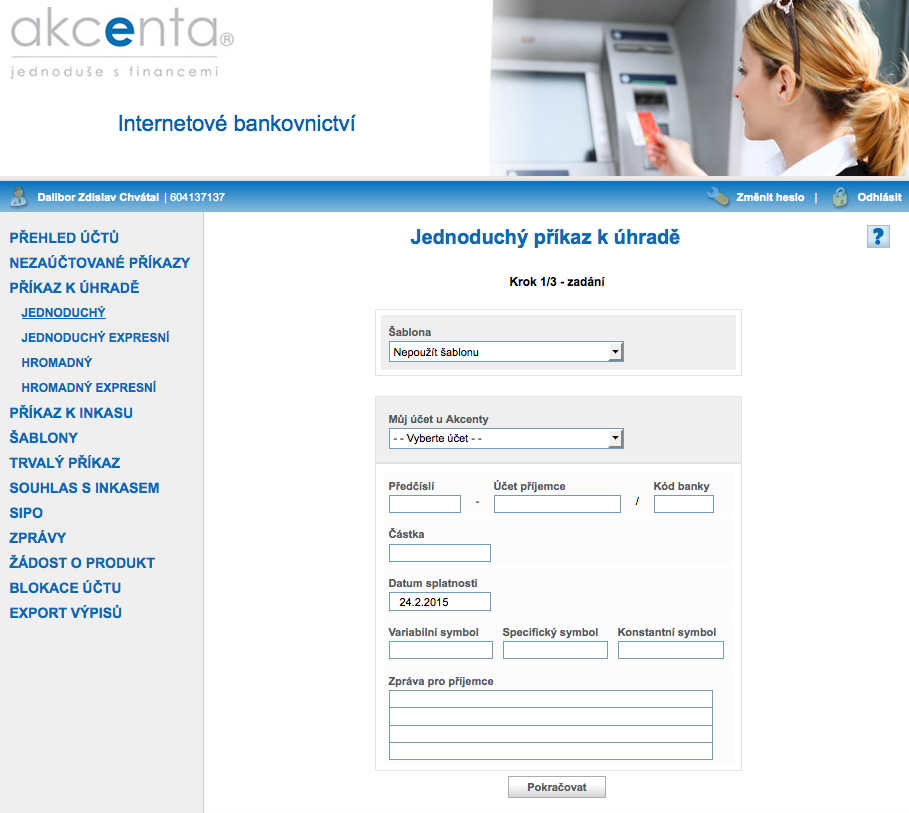 Akcenta, spořitelní družstvo. Internetové bankovnictví. 25.02.2015