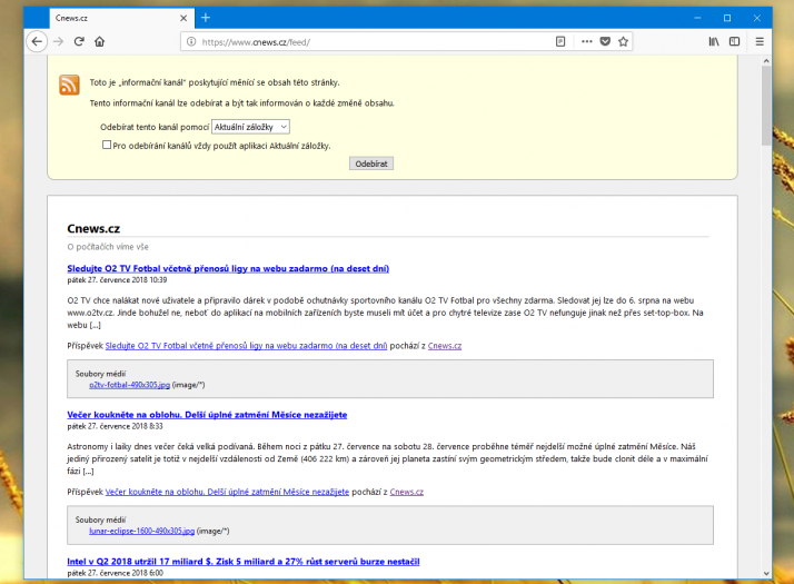 Firefox zatím umožňuje zobrazit obsah kanálu RSS