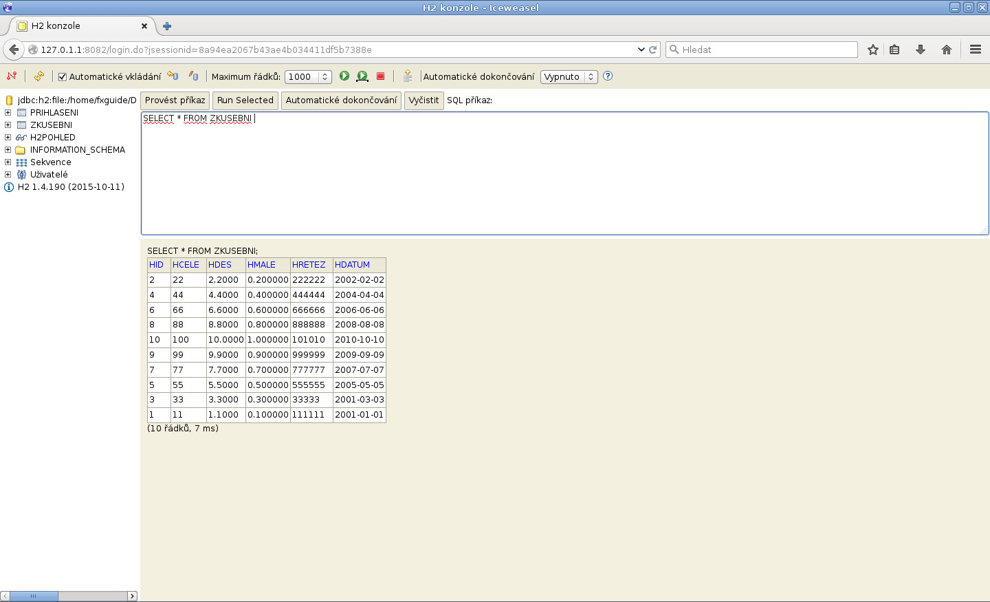 JavaFX: H2 vytvoření databáze, tabulek a vložení dat