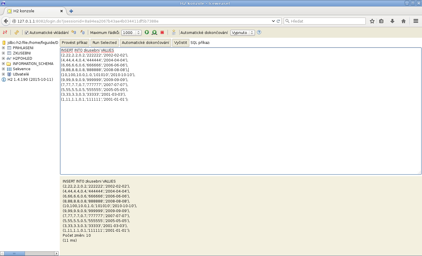 JavaFX: H2 vytvoření databáze, tabulek a vložení dat