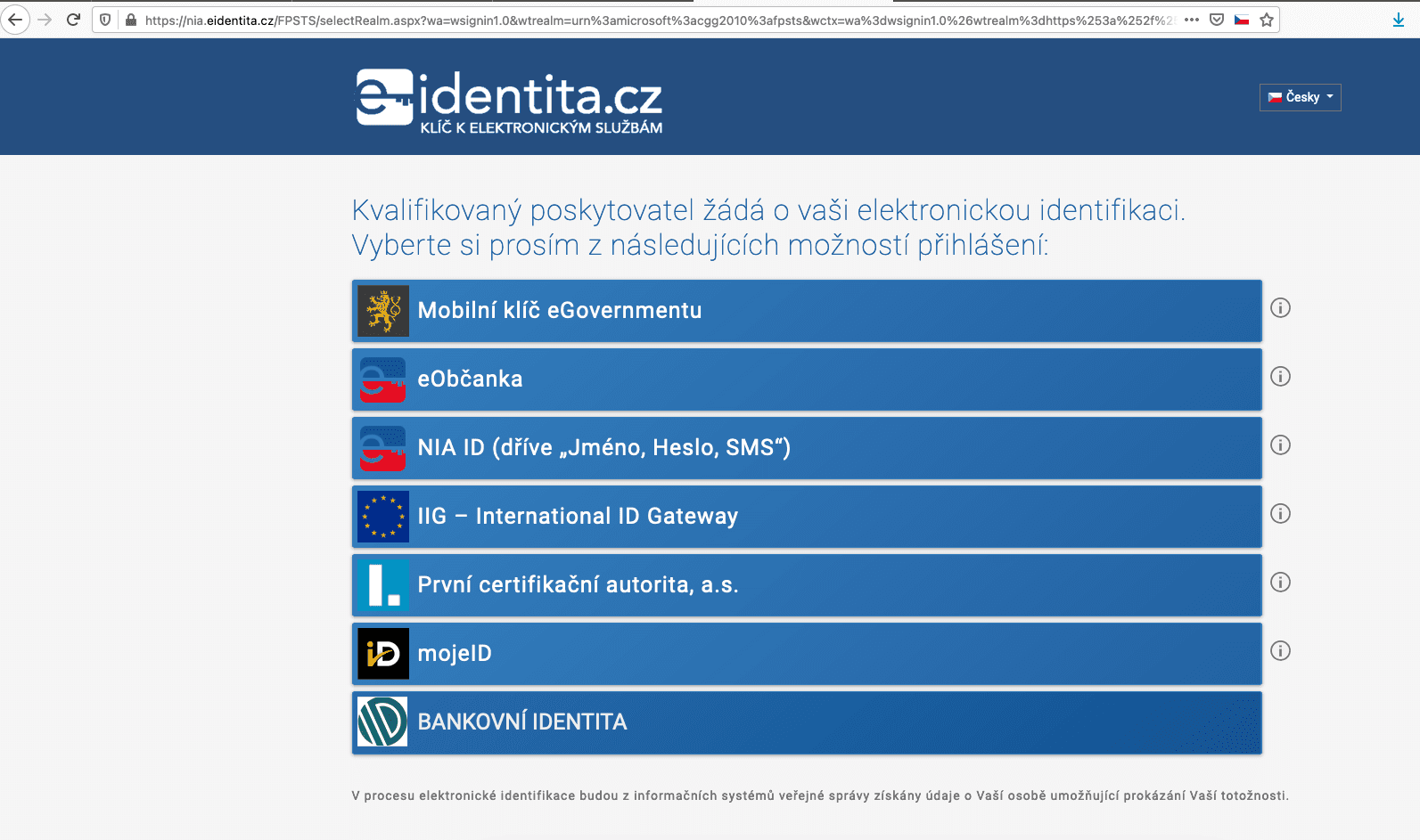 Přehled podporovaných přihlášení přes národní bod eIdentity. (03/2021)