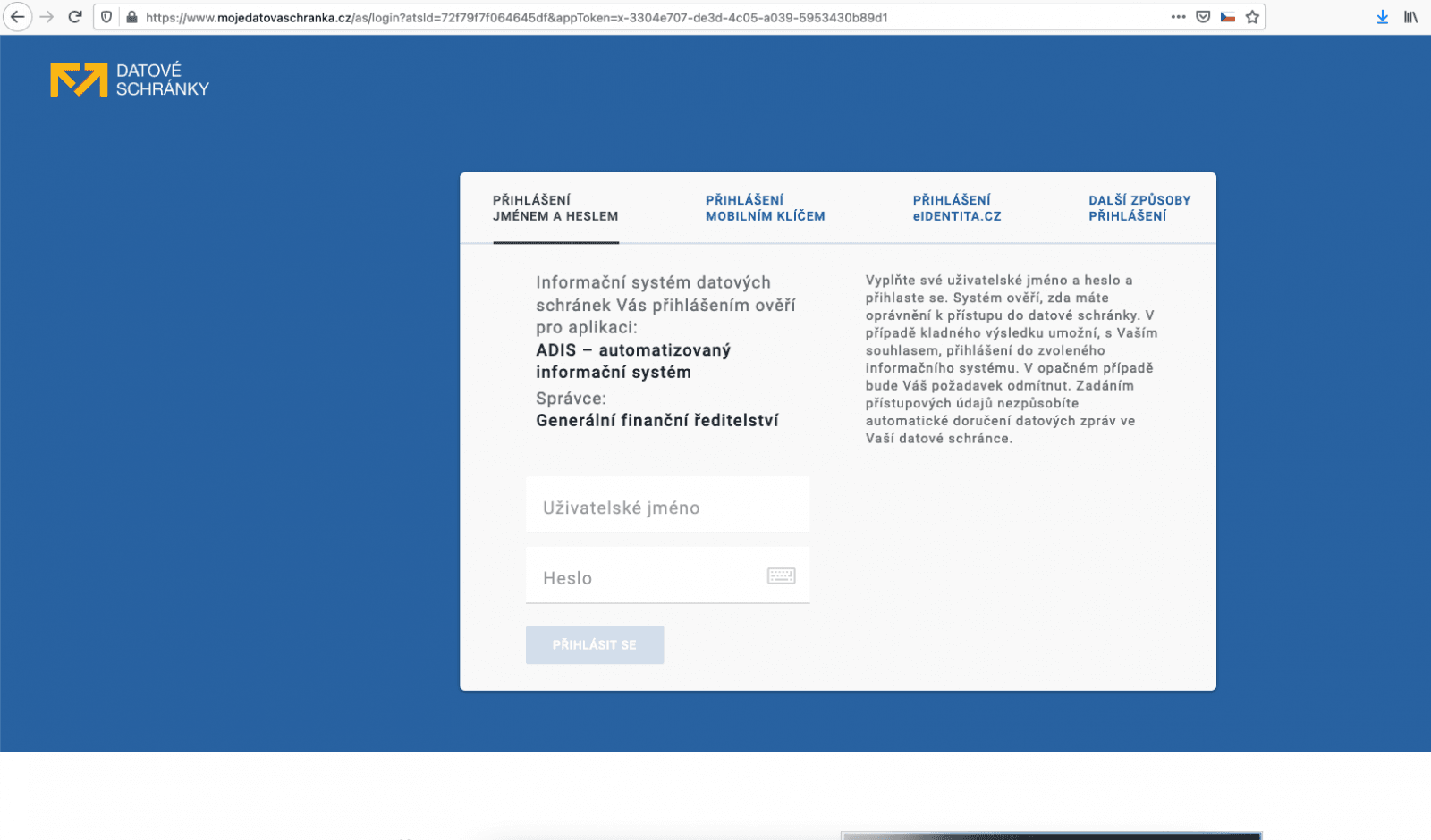 Přihlášení přes datovou schránku soukromé fyzické osoby. (03/2021)