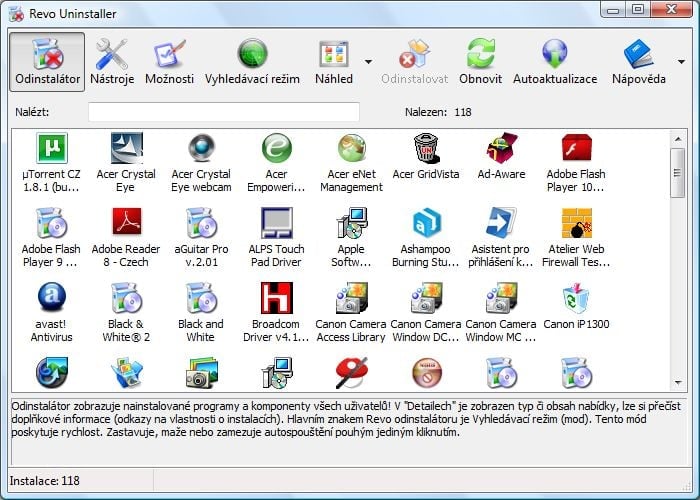 <p>Uživatelské rozhraní je velice jednoduché a přehledné. Zde v režimu Odinstalátor</p>