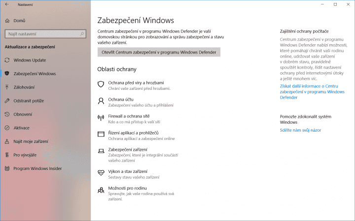 Nová sekce je věnována zabezpečení a údržbě obecně, nejen Defenderu