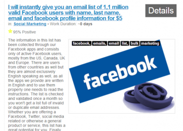 Inzerát nabízející maily uživatelů Facebooku (Zdroj: Search Engine Watch)