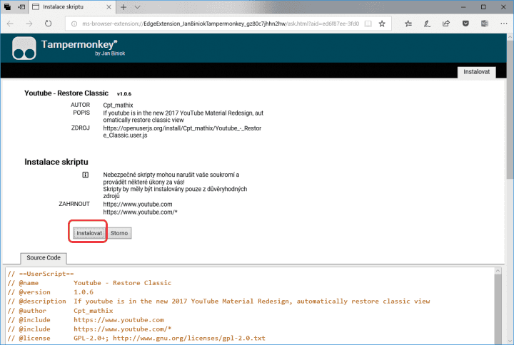 Budete přesměrování do prostředí doplňku, kde instalaci skriptu znovu potvrďte