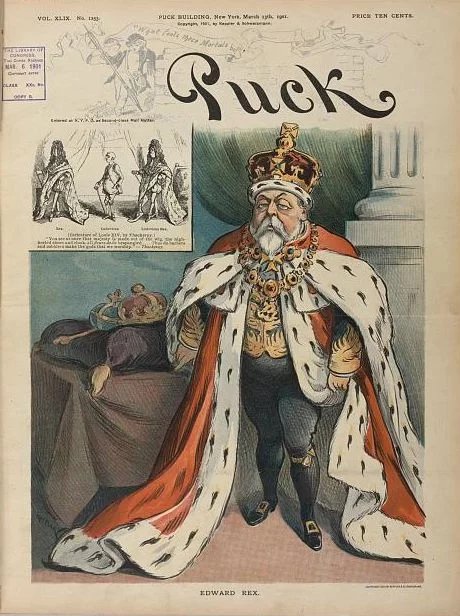 Edward II. měl korpulentní postavu díky značnému množství jídla, neboť Eduard byl rovněž velký požitkář v jídle. Karikatura z roku 1901.