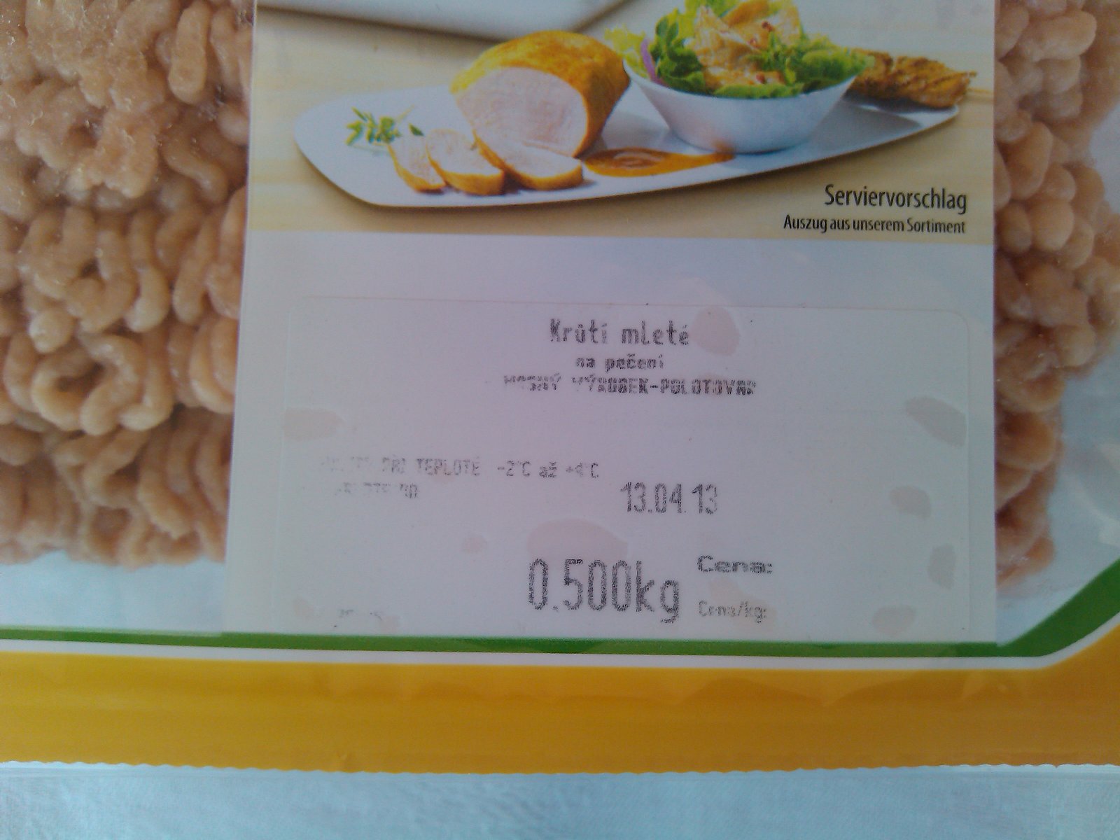 Krůtí mleté - polotovar, podíl masa neuveden, 0,5 kg za 74,90 Kč, 149,80 Kč/kg, Heidemark Německo. Ve složení: sůl, dextróza, cukr, koření, antioxidant, kyselina askorová, citronová, kvasnicový extrakt	
