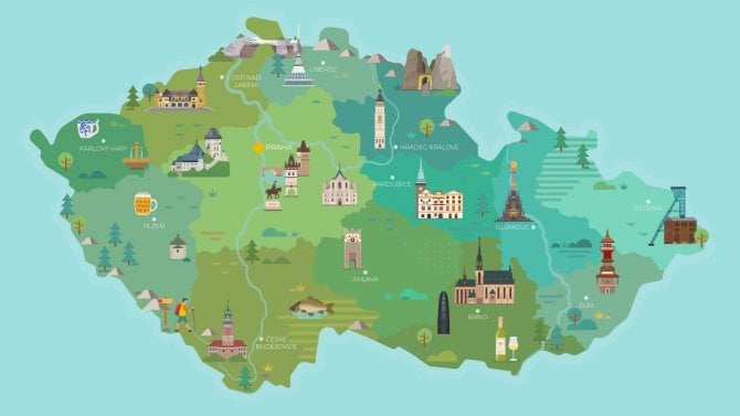 Mapa České republiky s některými městy