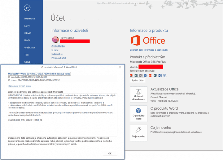 Tento Word vypadá jako Word 2016, ve skutečnosti se ale jedná o novější verzi dostupnou v rámci Office 365