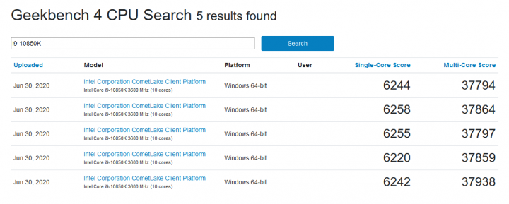 Intel Core i9 10850K v databázi Geekbench