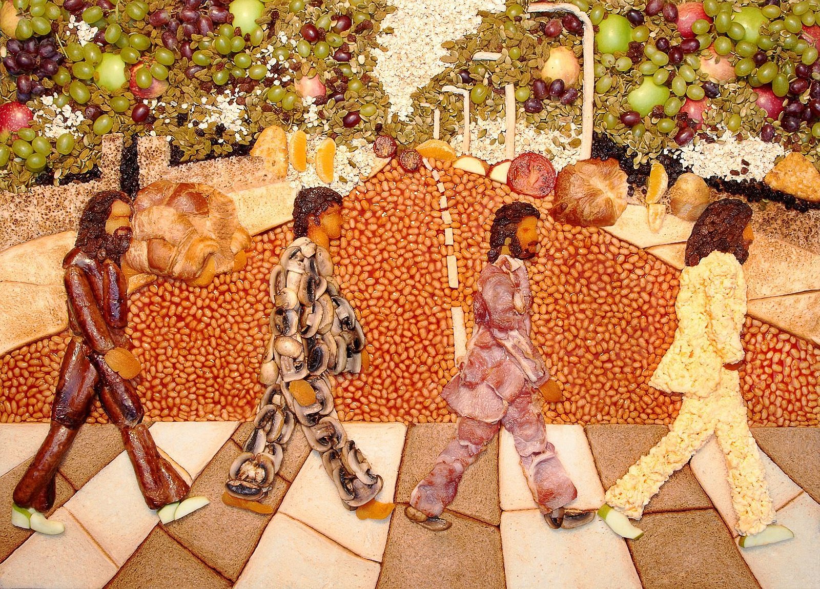 Britský labužník Paul Baker vytvořil slavnou anglickou snídani jako ještě slavnější fotografii Beatles z alba Abbey Road. Můžete si tak k snídani dát George Harrisona z párků, Paula McCartneyho z hub, bubeník Ringo Starr je opečená slanina a John Lennon je zřejmě ovesná kaše nebo krájená vajíčka. 