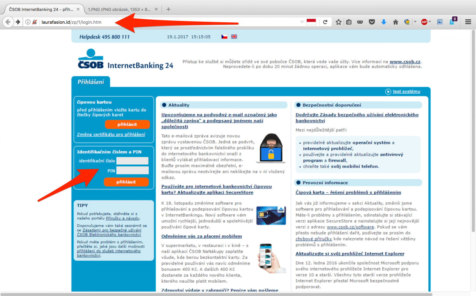 Phishing na klienty ČSOB. Web je zkopírovaný jako obrázek, vyplňují se pouze přihlašovací údaje (7. 3. 2017)