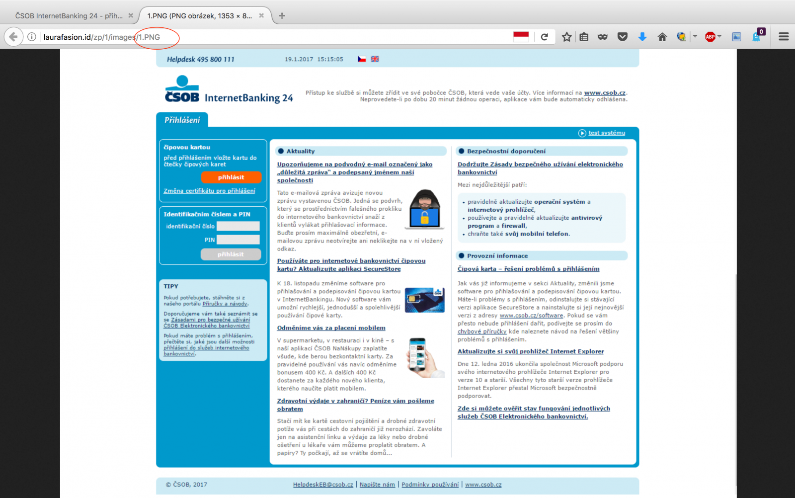 Phishing na klienty ČSOB. Web je zkopírovaný jako obrázek, vyplňují se pouze přihlašovací údaje (7. 3. 2017)