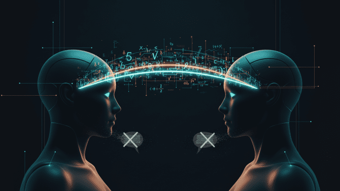 Tři AI agenti propojení světelnými datovými toky místo textových bublin – vizualizace latentní komunikace frameworku LatentMAS.