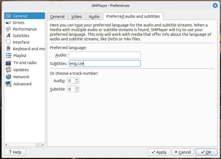 Nastavení preferovaného jazyka titulků v SMPlayeru