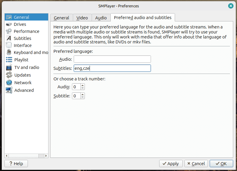Nastavení preferovaného jazyka titulků v SMPlayeru