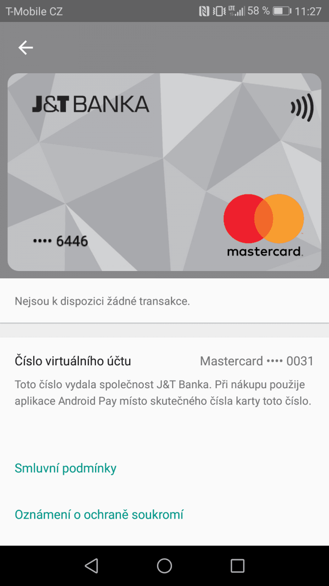 Platební karty J & T Banky v aplikaci Android Pay. (14. 11. 2017)